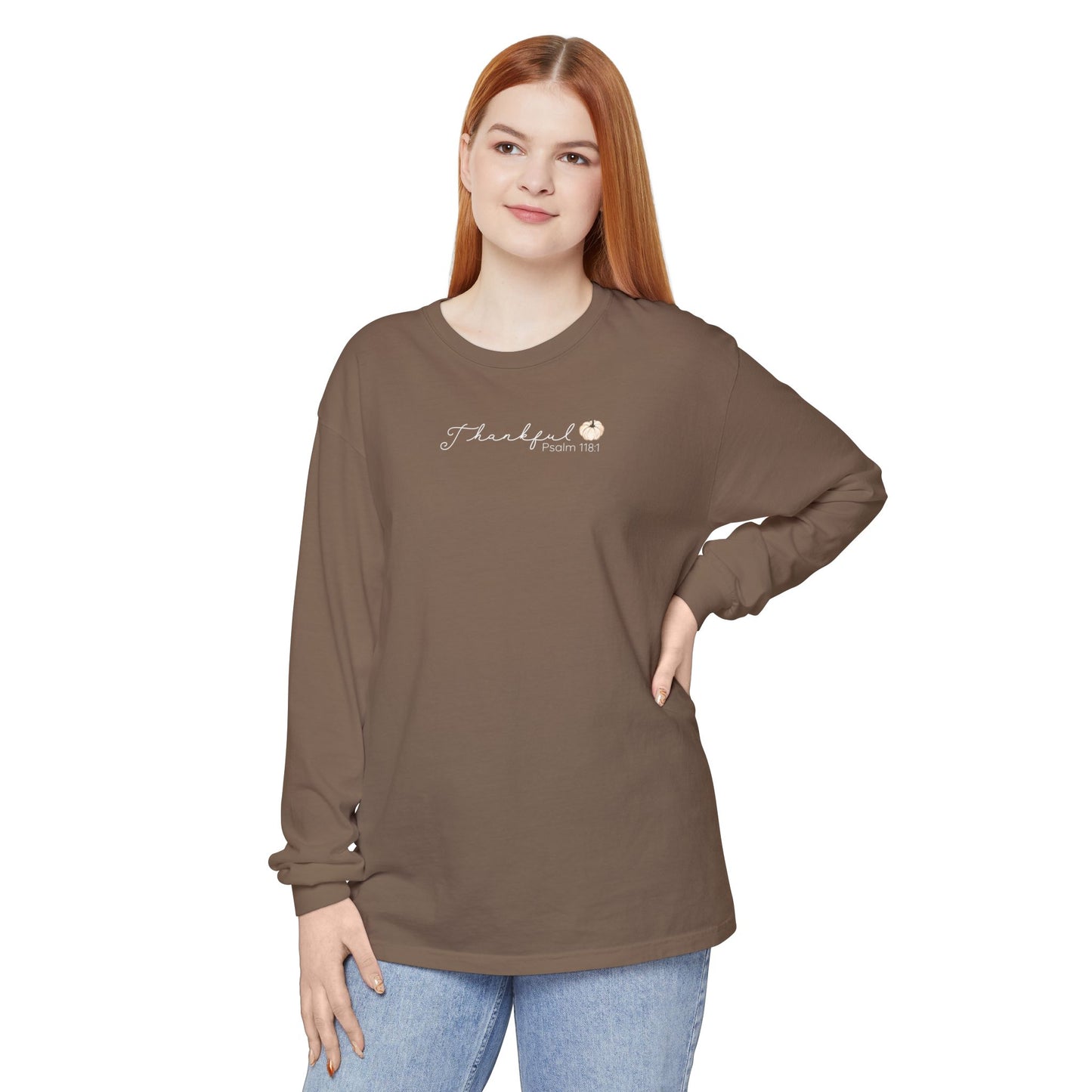 Women's Minimalist Thankful Long Sleeve T-Shirt - Thanksgiving Fall Cozy Tee