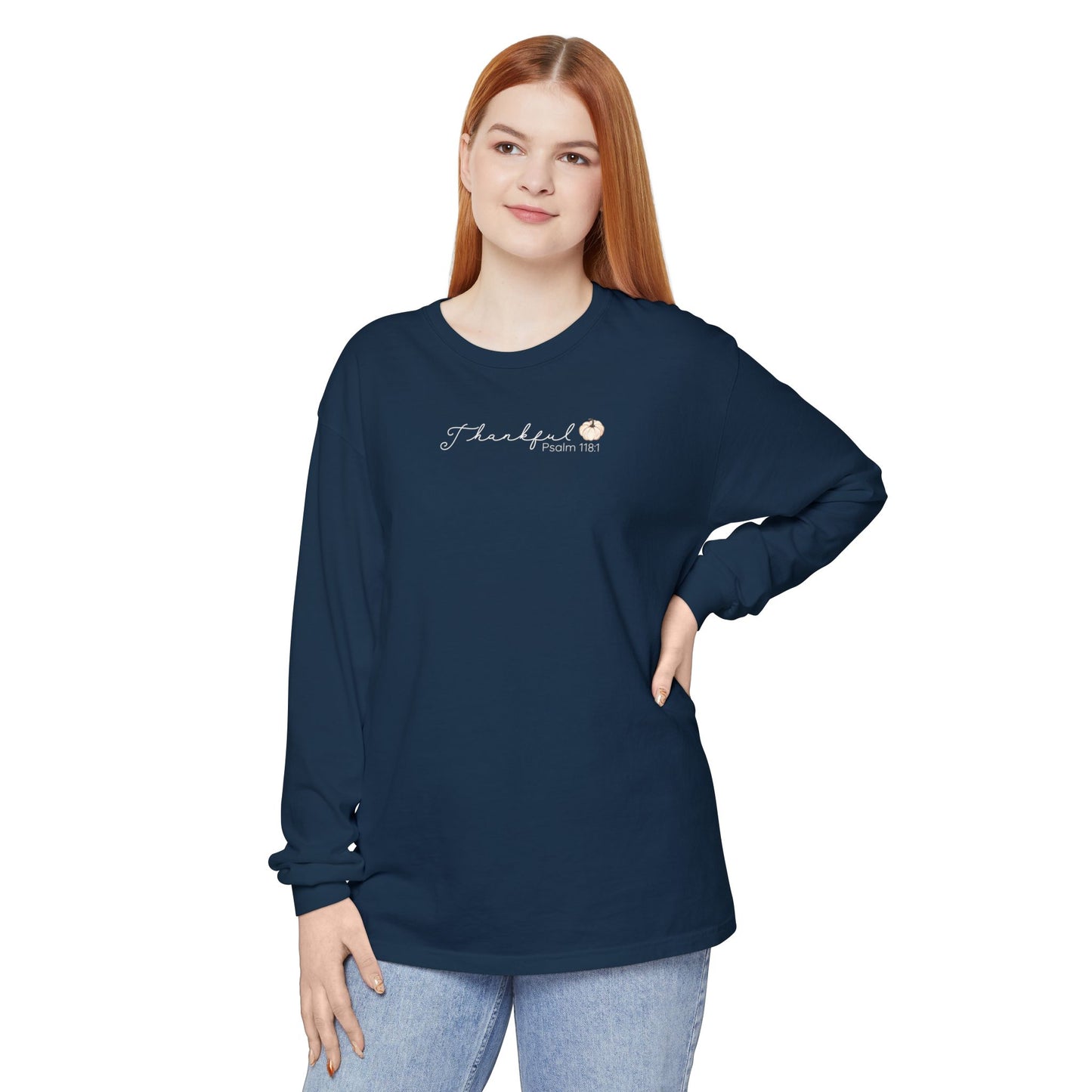 Women's Minimalist Thankful Long Sleeve T-Shirt - Thanksgiving Fall Cozy Tee