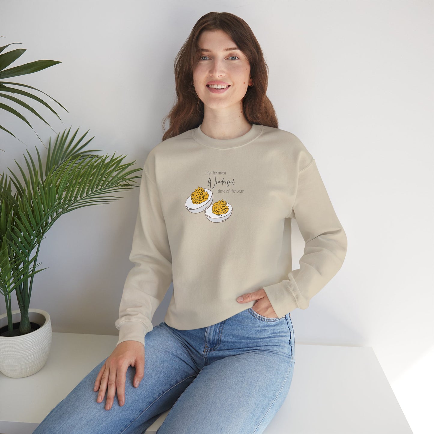 Humorous Women's Deviled Egg Crewneck Sweatshirt - Cozy Fall Funny Minimalist Design
