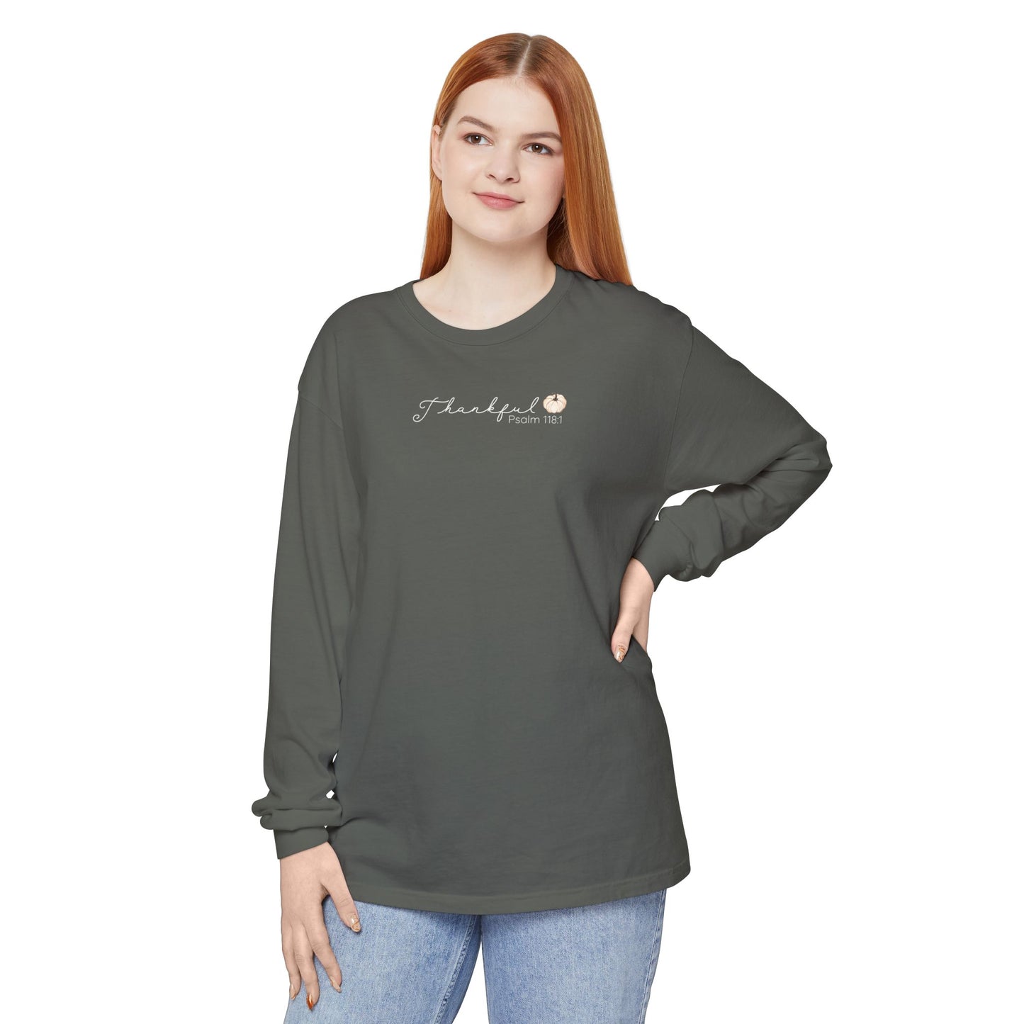 Women's Minimalist Thankful Long Sleeve T-Shirt - Thanksgiving Fall Cozy Tee