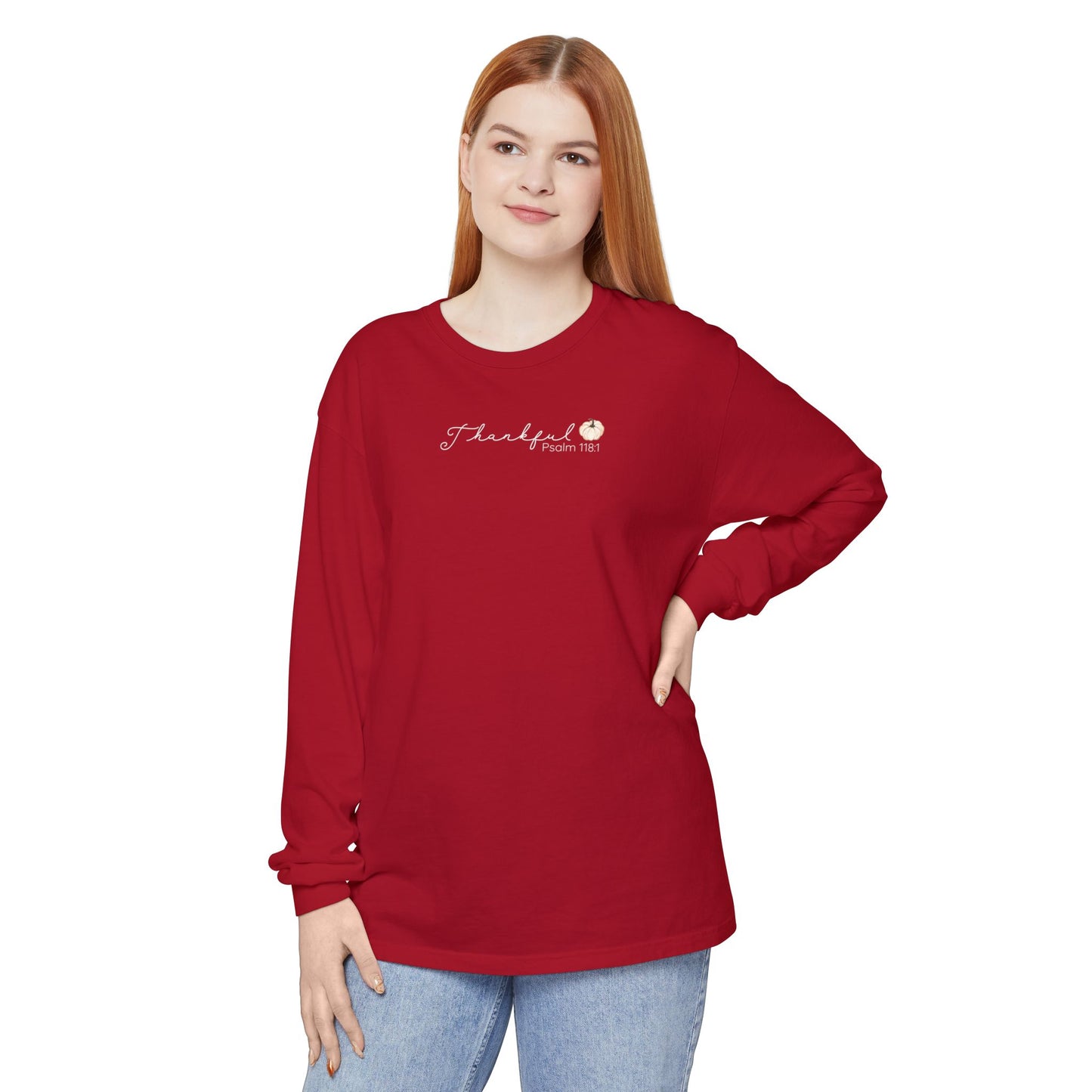 Women's Minimalist Thankful Long Sleeve T-Shirt - Thanksgiving Fall Cozy Tee