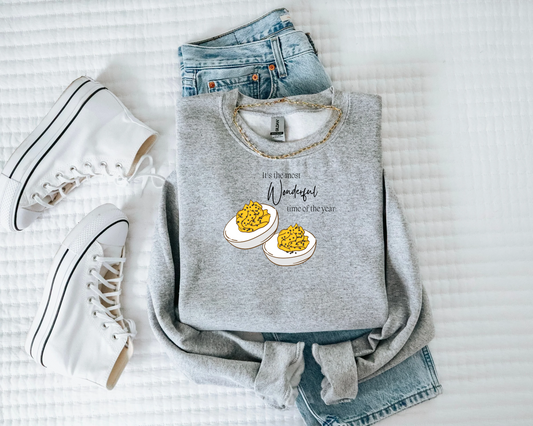 Humorous Women's Deviled Egg Crewneck Sweatshirt - Cozy Fall Funny Minimalist Design