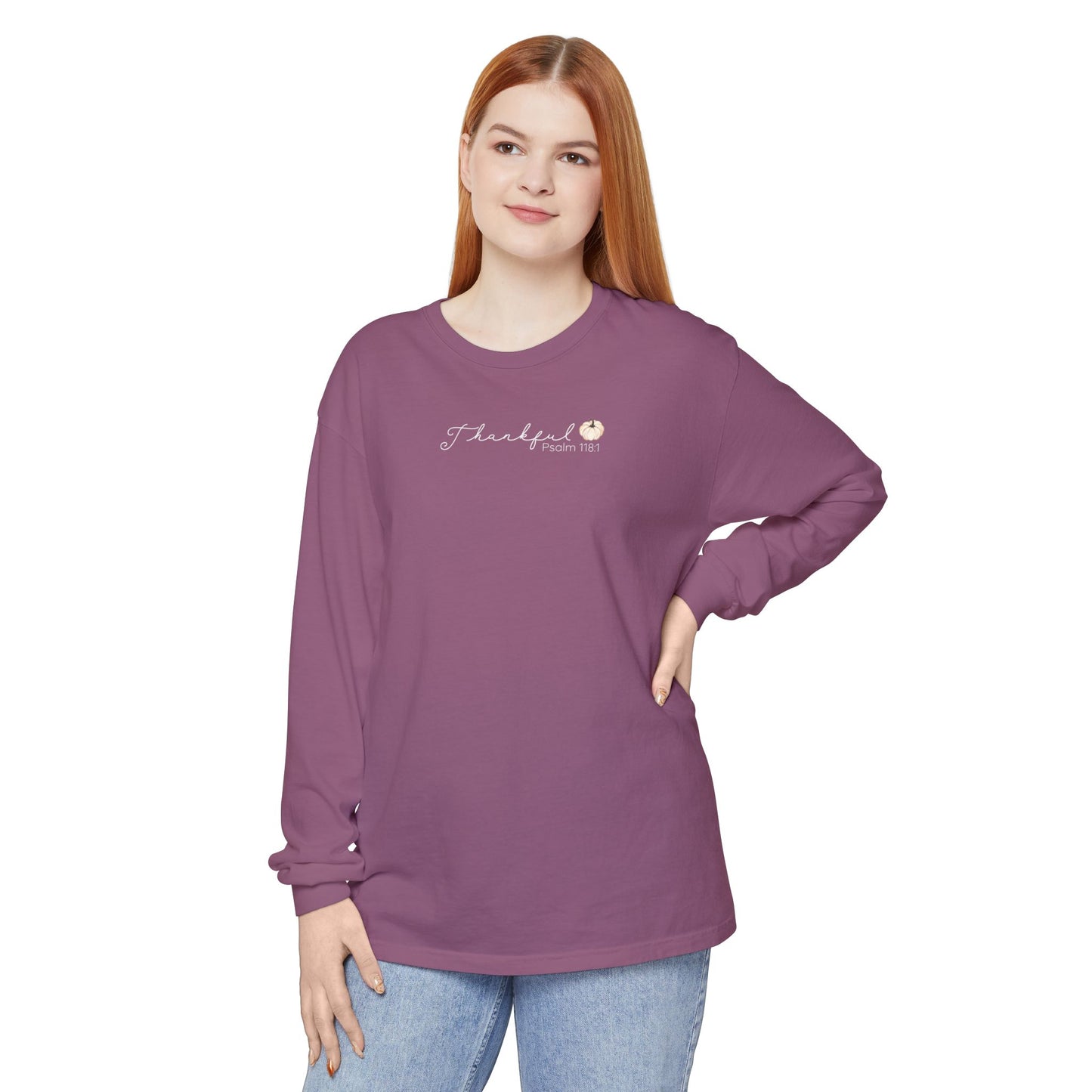 Women's Minimalist Thankful Long Sleeve T-Shirt - Thanksgiving Fall Cozy Tee