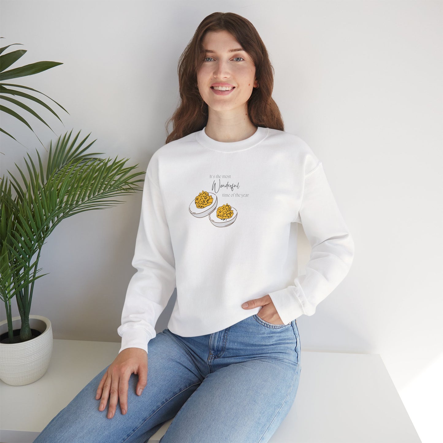 Humorous Women's Deviled Egg Crewneck Sweatshirt - Cozy Fall Funny Minimalist Design