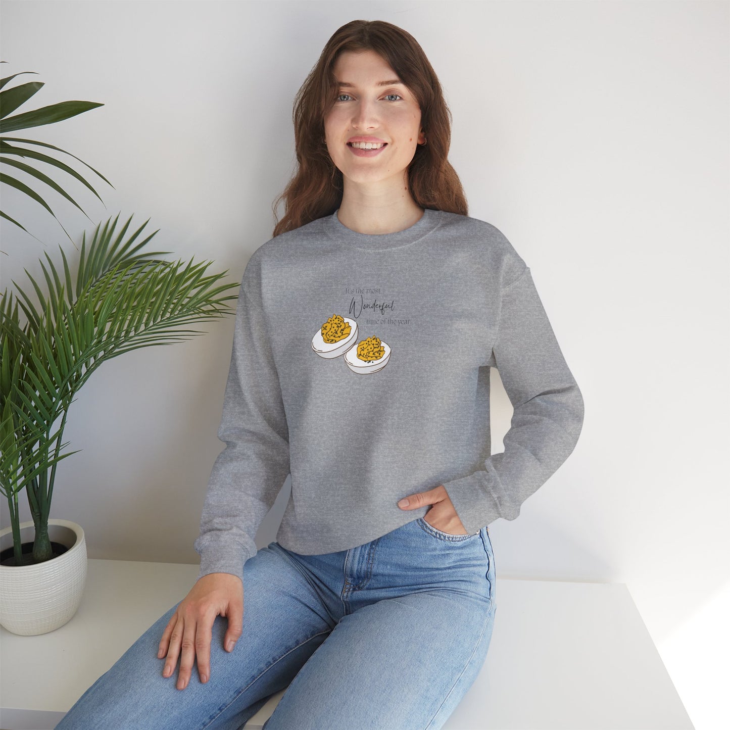 Humorous Women's Deviled Egg Crewneck Sweatshirt - Cozy Fall Funny Minimalist Design